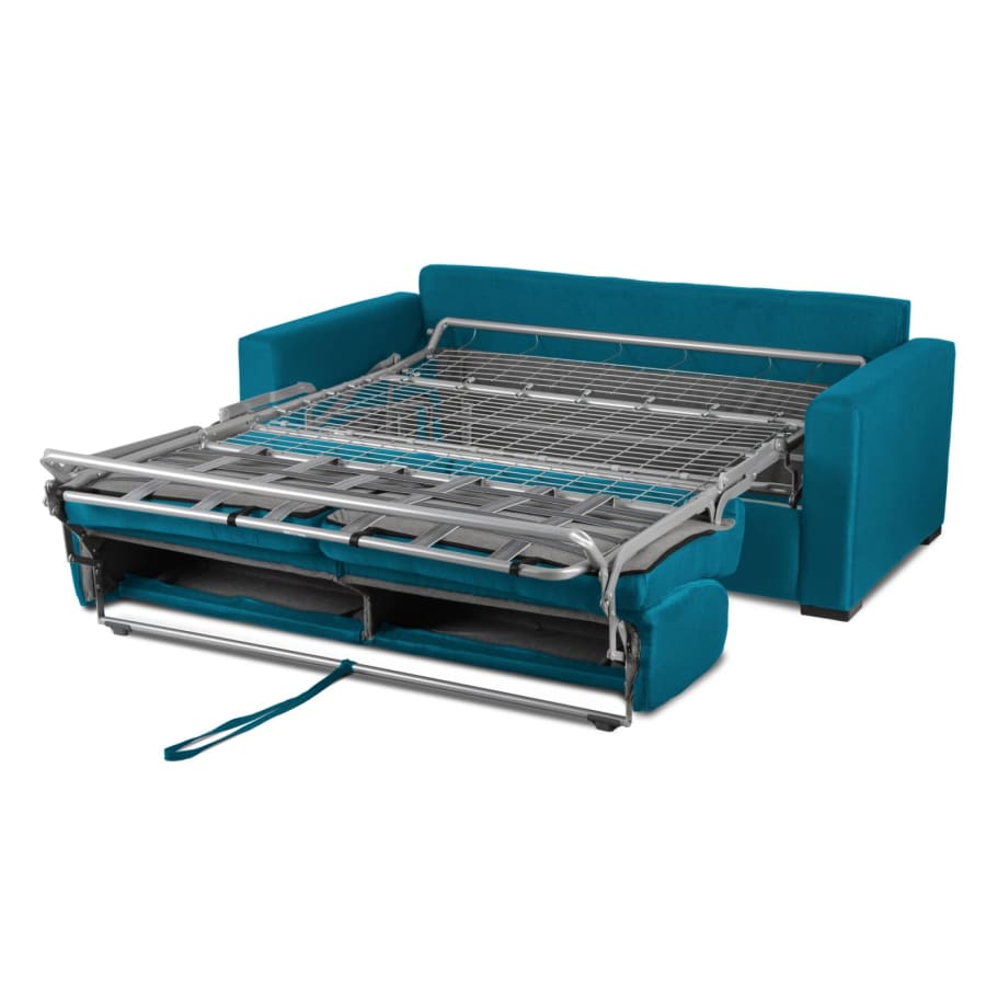 Canapé convertible 3 places en tissu bleu pétrole ouverture express matelas 18 cm